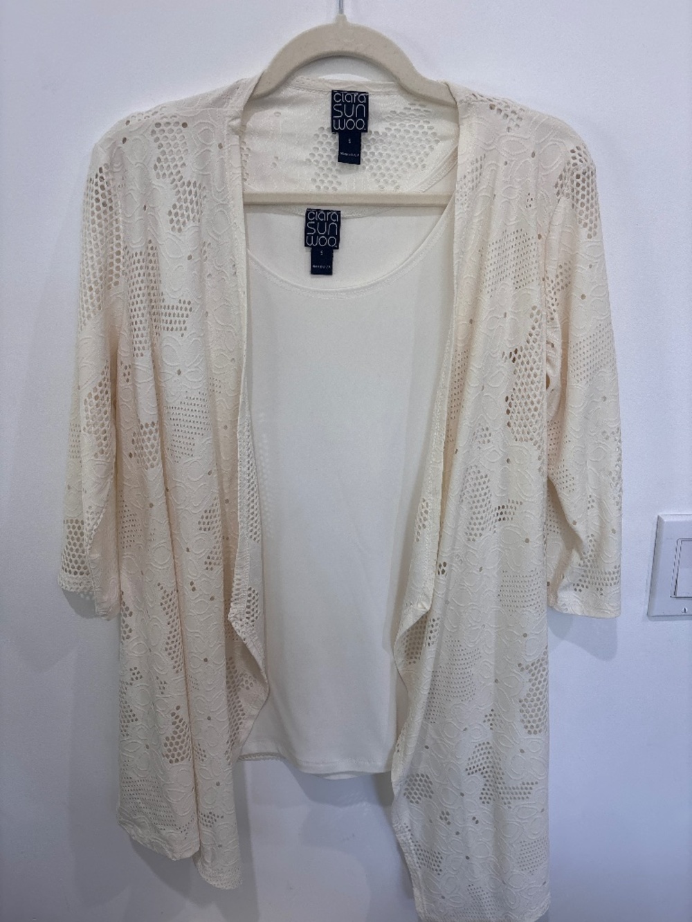 Clara Sunwoo White Eyelet Lace Camisole & Open-Front Cardigan Set Small